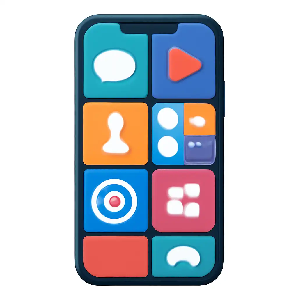 Smartphone shown from the front displaying a colourful flat layout of abstract game icons and rounded tiles (no text, no letters, no labels), Goa Games