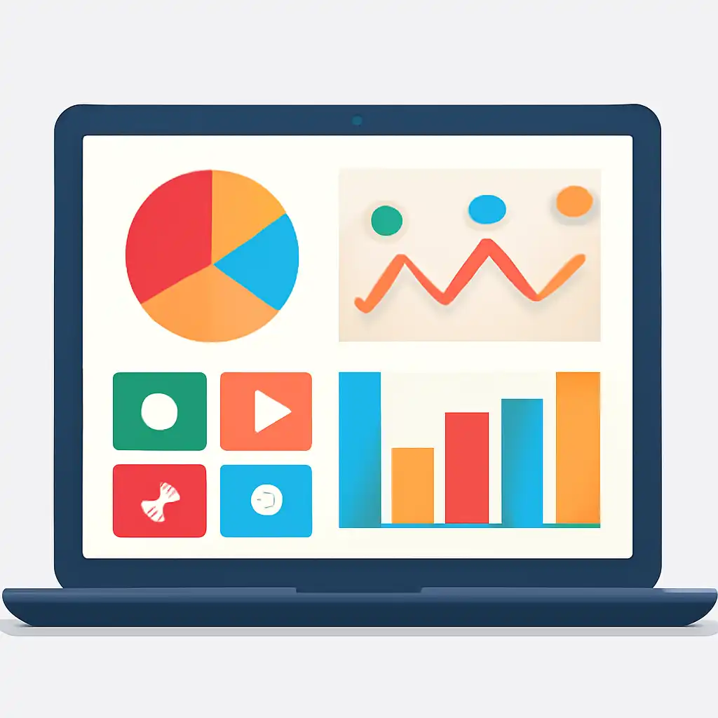 Laptop shown from the front displaying a colourful flat dashboard of abstract charts, bars and icon tiles (no text, no letters, no labels), Goa Games