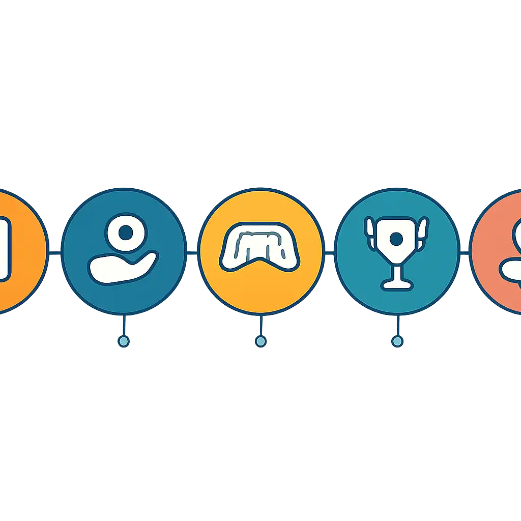 Five numbered circular icons connected by arrows in a horizontal flow, flat illustration, icons only, no words, Goa Games steps