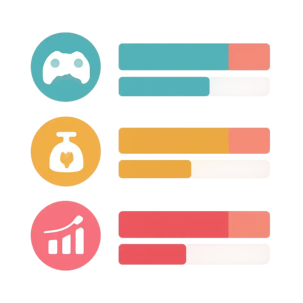 Infographic comparing options using coloured bars and icons only, no text or labels, flat design, Goa Games